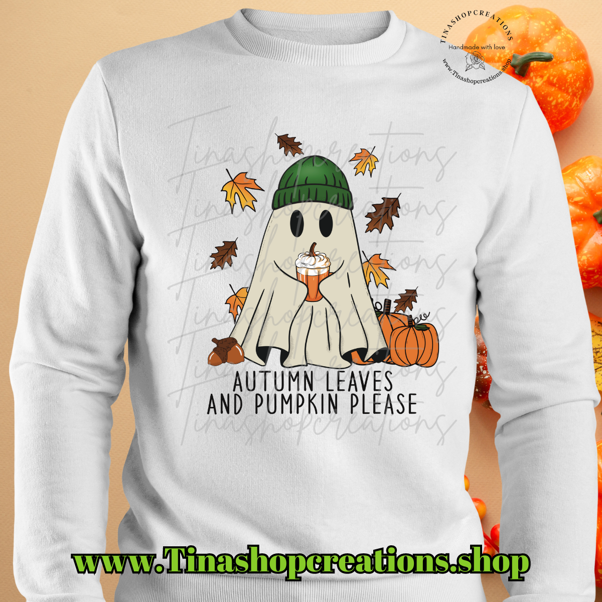 Autumn Leaves and Pumpkin Please Ghost with Beanie