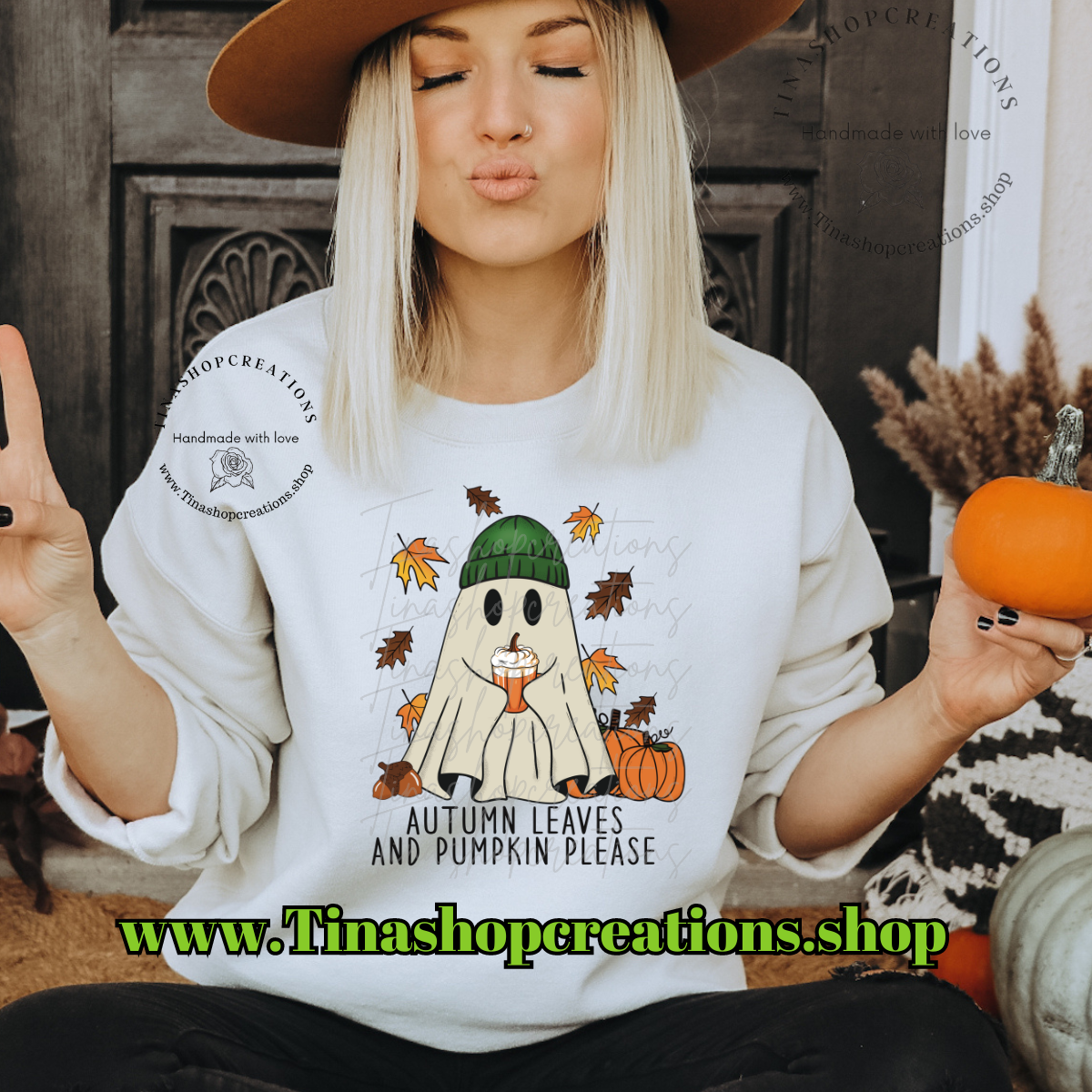 Autumn Leaves and Pumpkin Please Ghost with Beanie