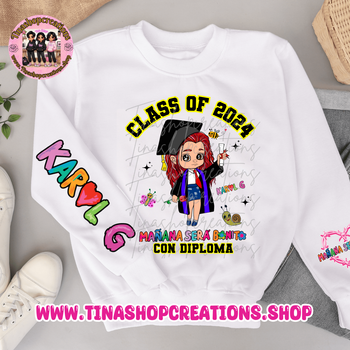 Ropa de graduación personalizada inspirada en Karol G: diseño unisex con nombre y año de clase, clase de 2024,