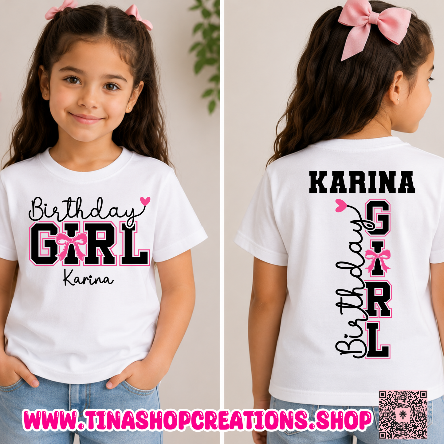 Pink Bow Birthday Girl Personalized T-Shirt