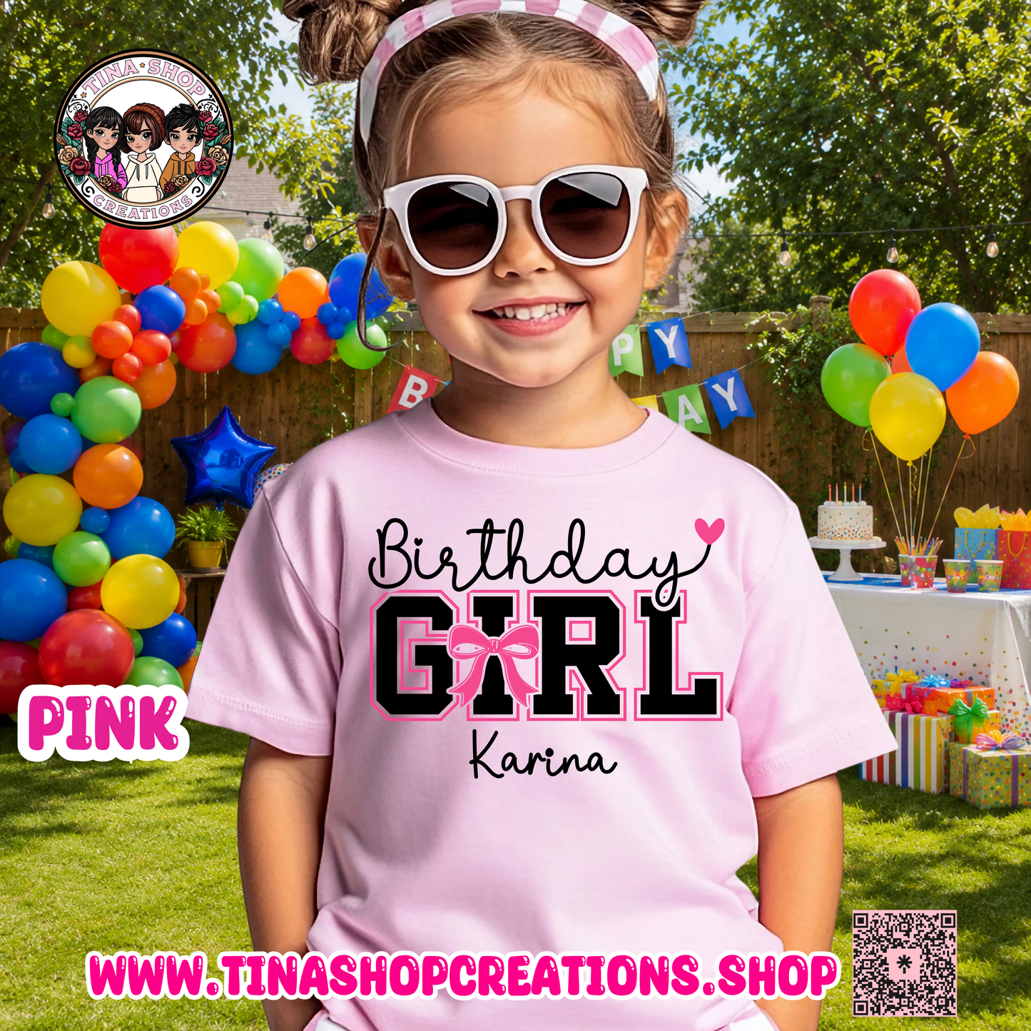 Pink Bow Birthday Girl Personalized T-Shirt