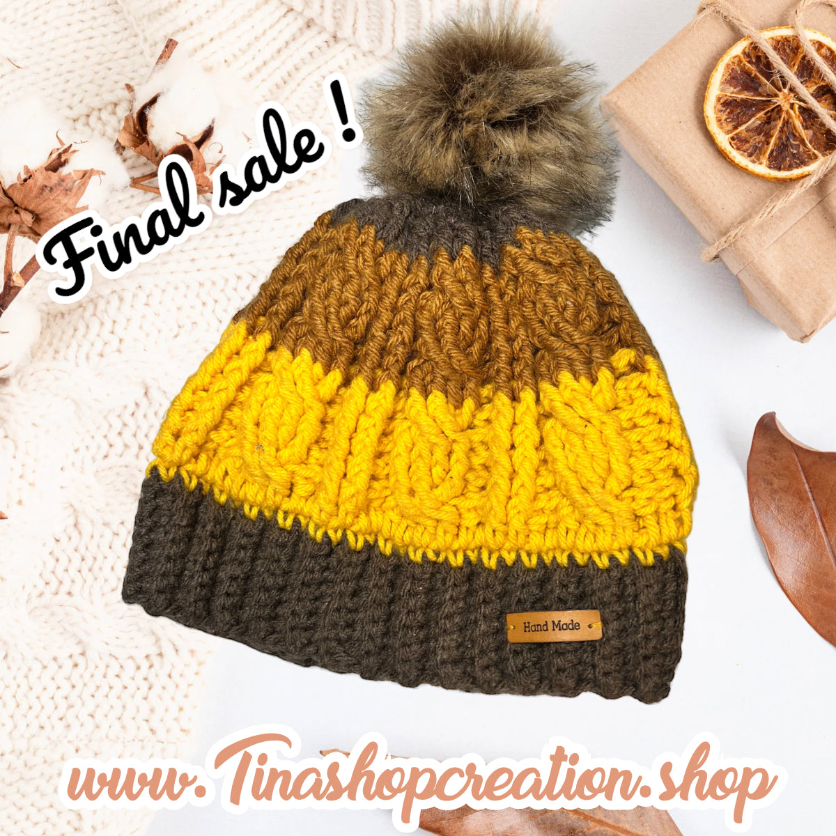 Gorro de punto trenzado de crochet de edición limitada: ¡última pieza, venta final! Sombrero marrón, amarillo y miel hecho a mano